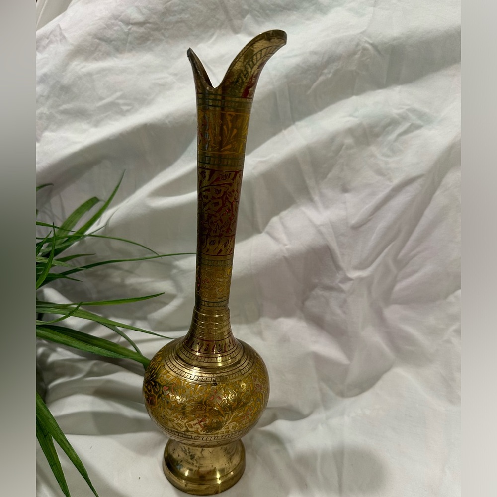 Vintage Ornate Brass Bud Vase Intricate colorful design